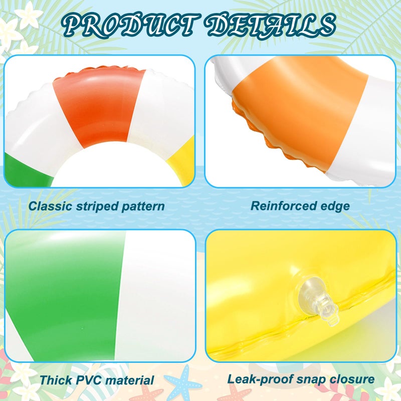 وولاين 4 قطع من لعبة Whaline بألوان قوس قزح قابلة للنفخ للسباحة، حلقة سباحة مخططة، طباعة ممتعة، أنبوب للاسترخاء في حمام السباحة للمراهقين والبنات الصيفية وحفلات الشاطئ، 22.8 بوصة - Image 3